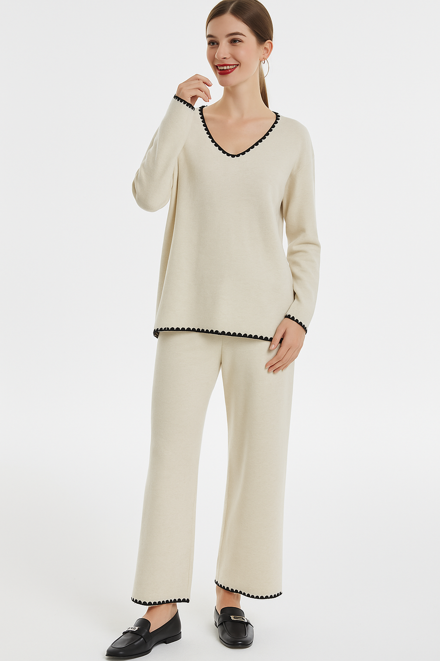 Teeth Edged V Neck Top Matched with Straight Leg Trousers