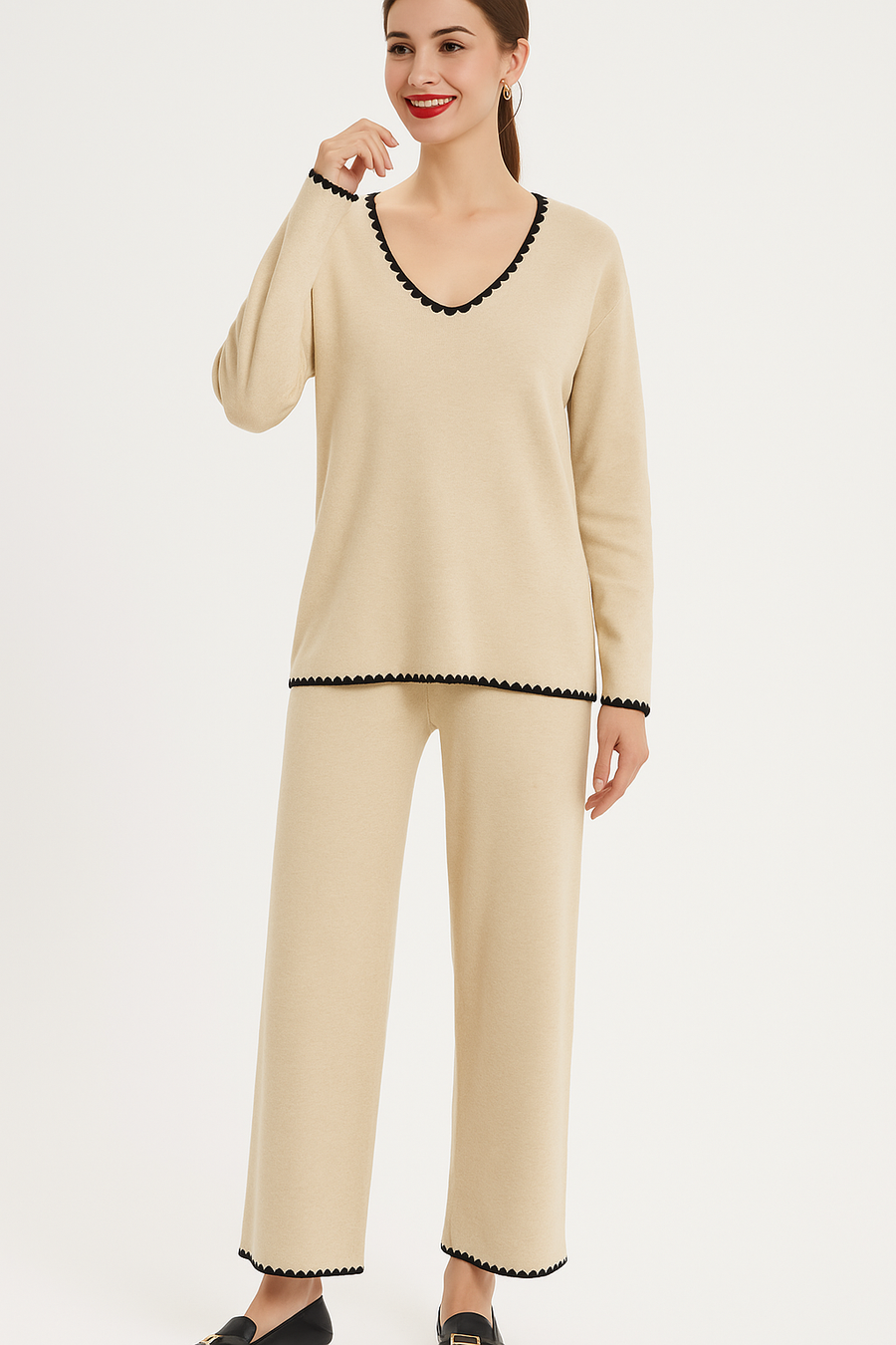 Teeth Edged V Neck Top Matched with Straight Leg Trousers