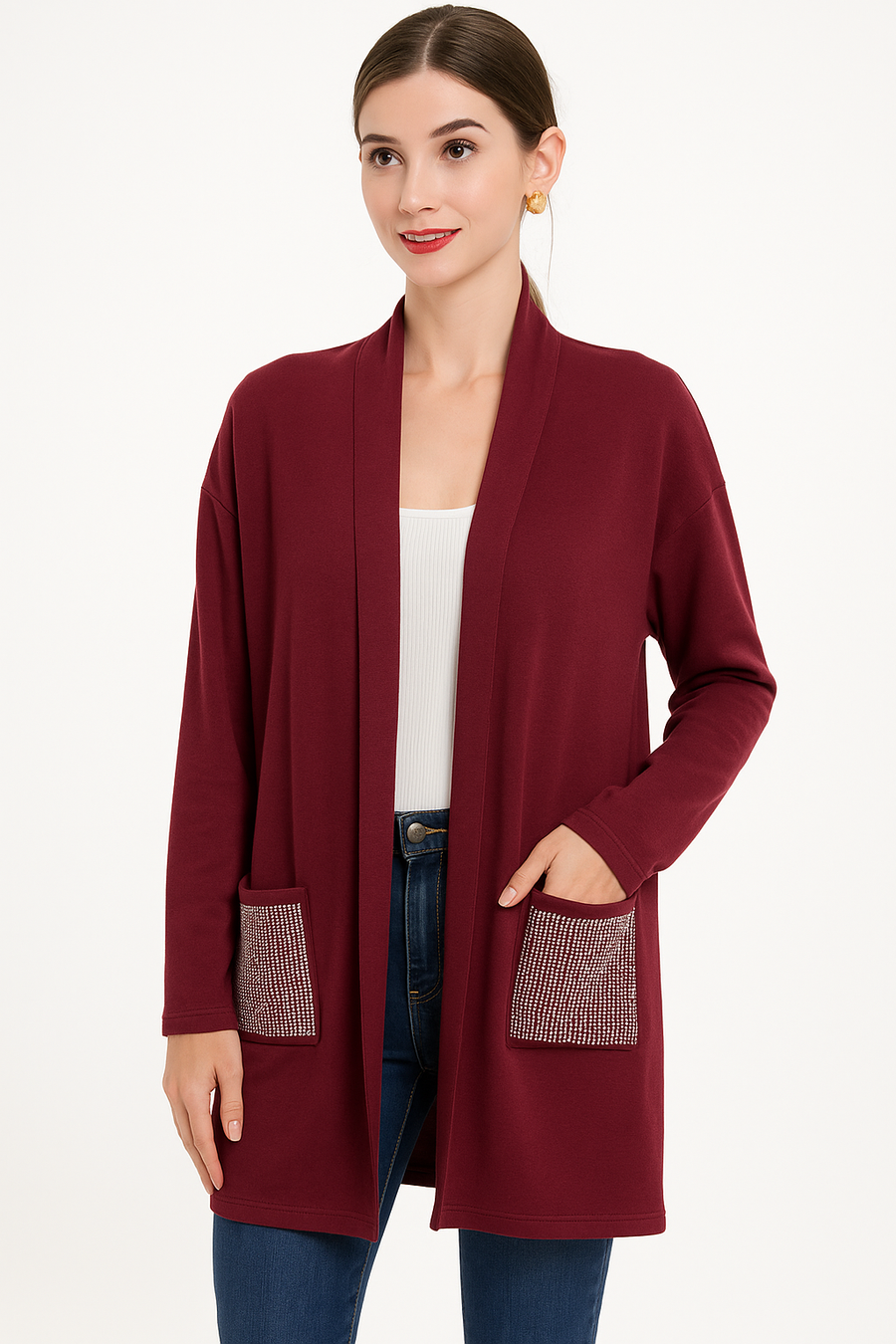 Soft Knit Cardigan with Crystals on Pockets
