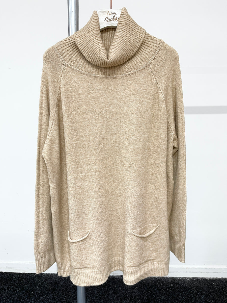 Soft Knit Basic Roll Neck Jumper with Raglan Sleeves and Front Pockets