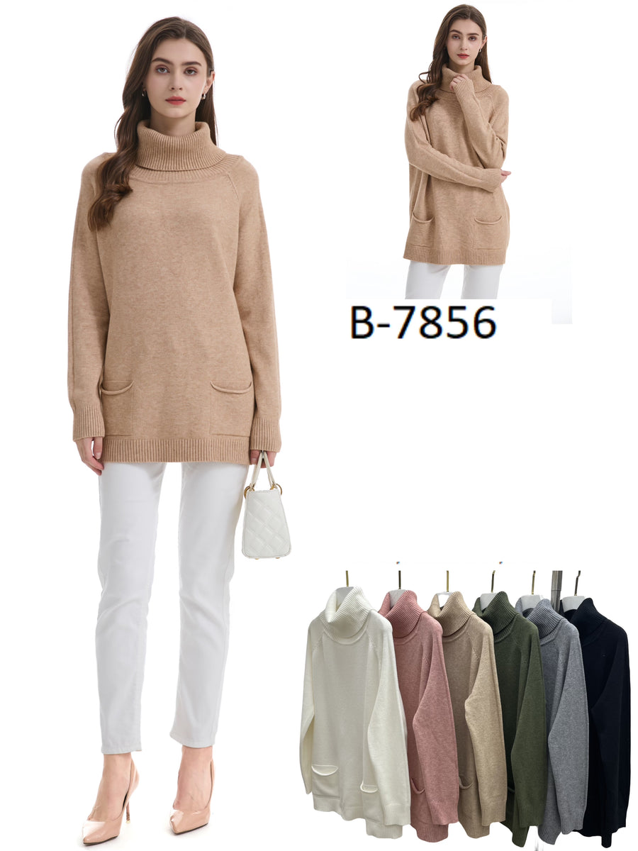 Soft Knit Basic Roll Neck Jumper with Raglan Sleeves and Front Pockets