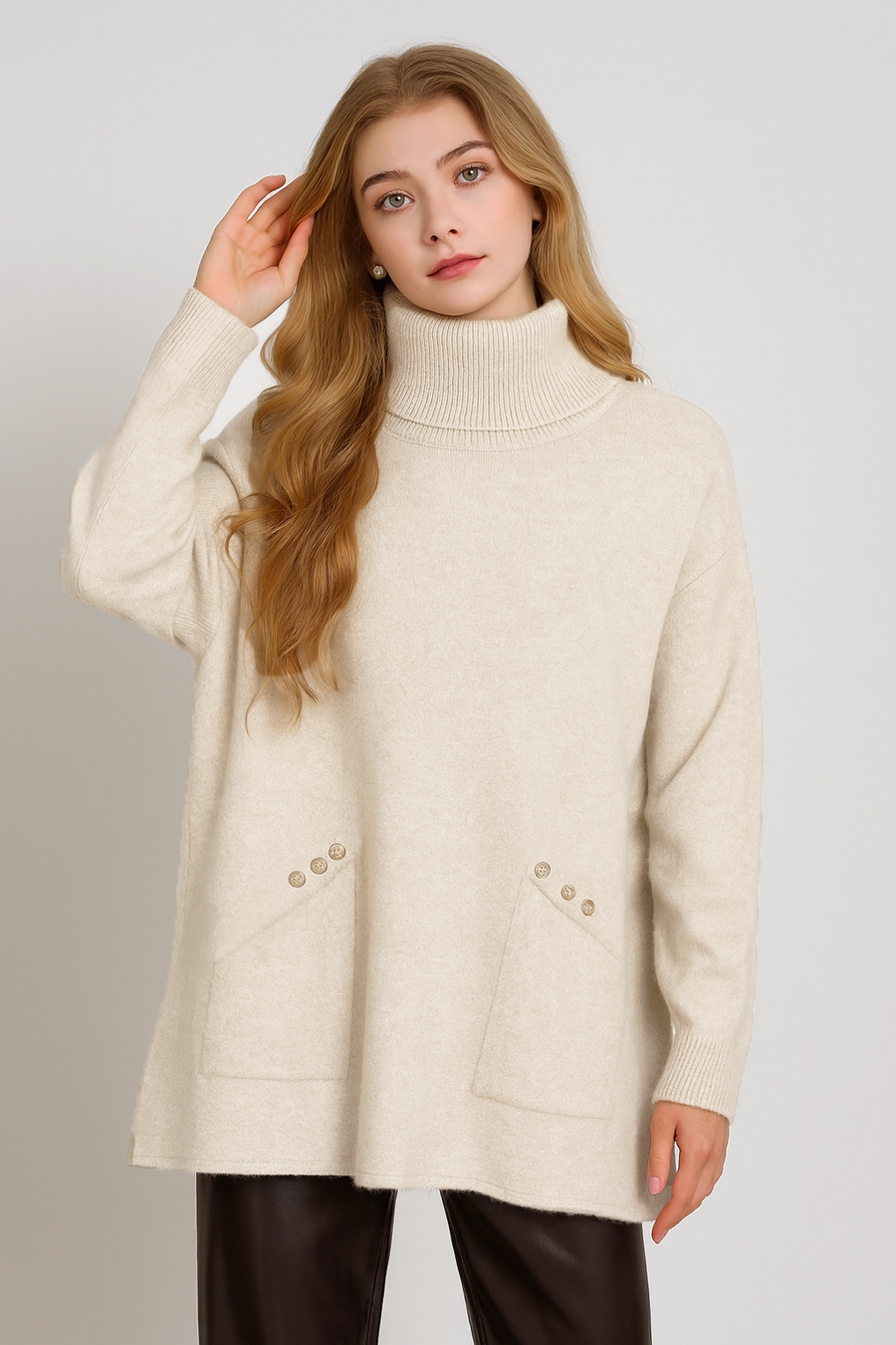 SOFT KNIT ROLL NECK JUMPER WITH POCKETS AND DECORATIVE BUTTONS