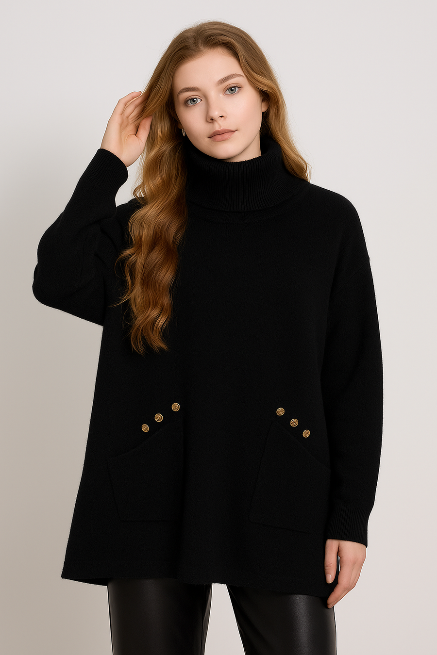 SOFT KNIT ROLL NECK JUMPER WITH POCKETS AND DECORATIVE BUTTONS
