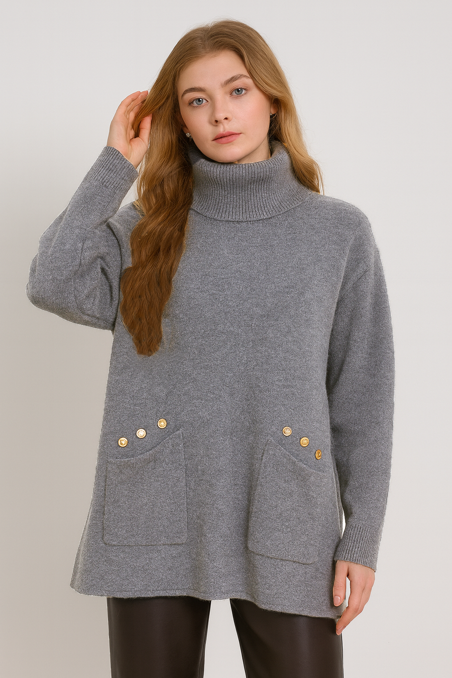 SOFT KNIT ROLL NECK JUMPER WITH POCKETS AND DECORATIVE BUTTONS