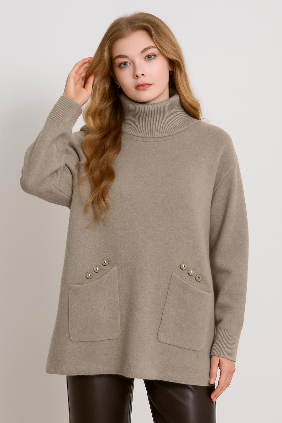SOFT KNIT ROLL NECK JUMPER WITH POCKETS AND DECORATIVE BUTTONS