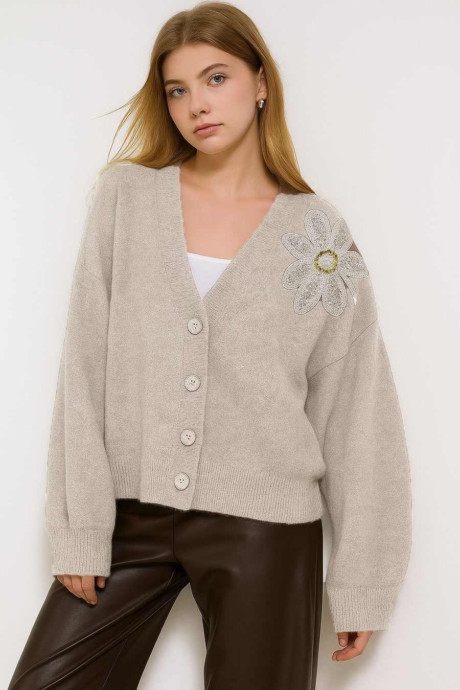 KNITTED 4 BUTTON CARDIGAN WITH SEQUIN EMBELLISHED DECORATIVE FLOWER ON SHOULDER