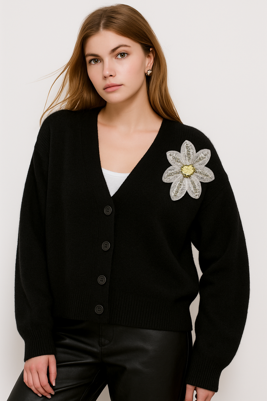 KNITTED 4 BUTTON CARDIGAN WITH SEQUIN EMBELLISHED DECORATIVE FLOWER ON SHOULDER