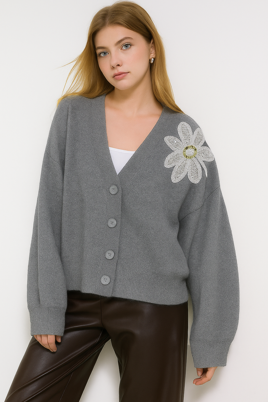 KNITTED 4 BUTTON CARDIGAN WITH SEQUIN EMBELLISHED DECORATIVE FLOWER ON SHOULDER