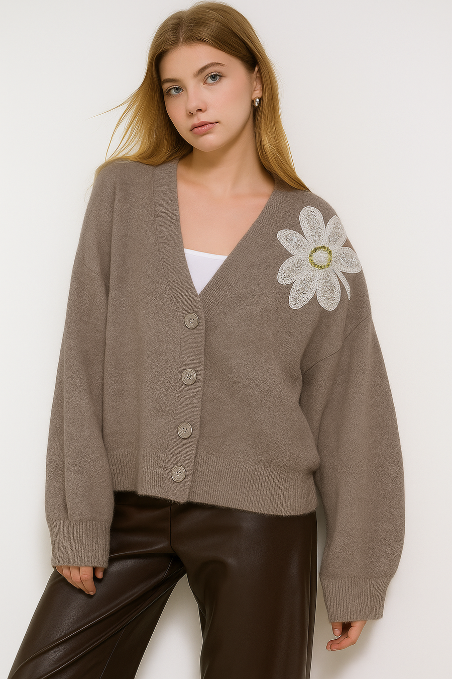KNITTED 4 BUTTON CARDIGAN WITH SEQUIN EMBELLISHED DECORATIVE FLOWER ON SHOULDER