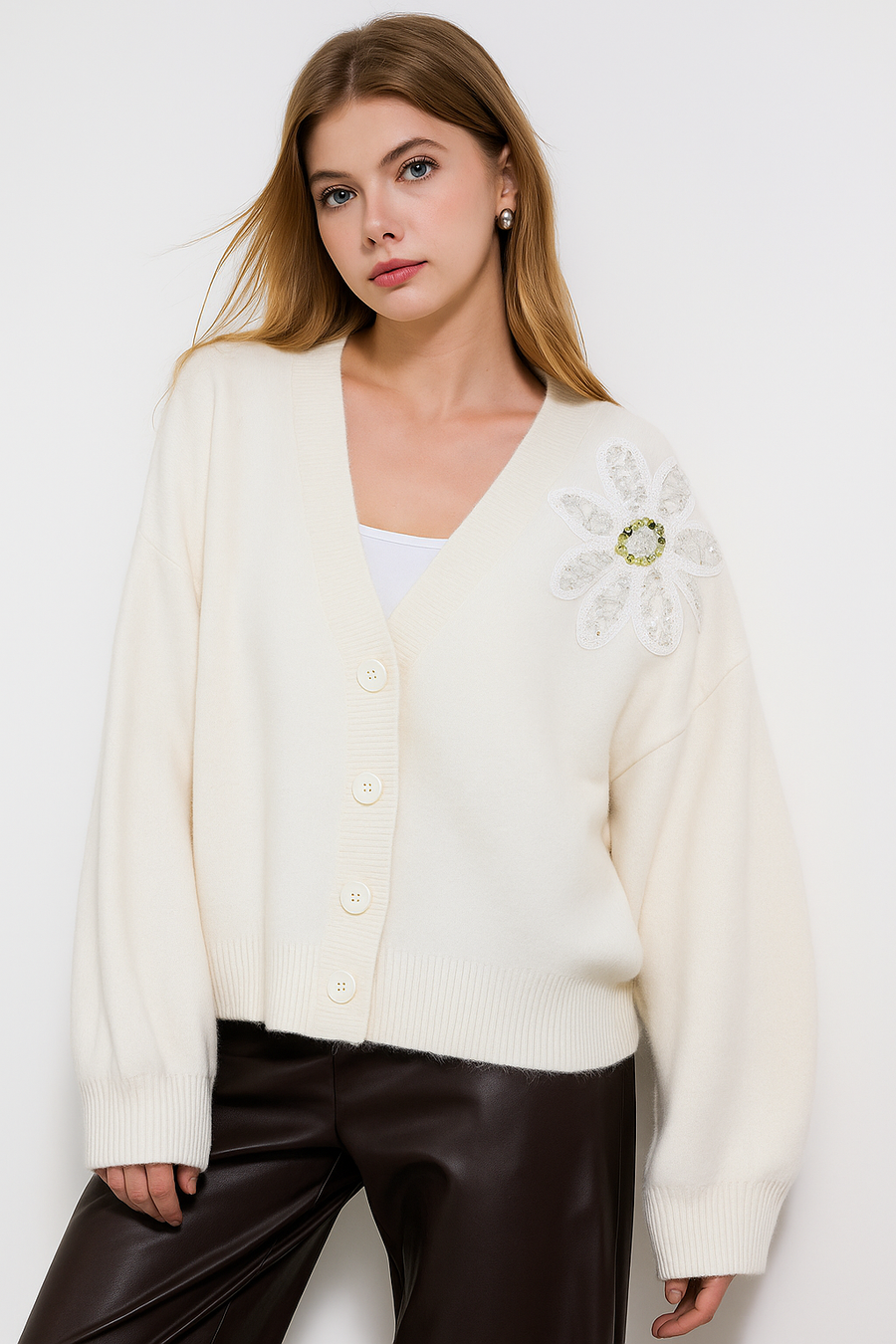 KNITTED 4 BUTTON CARDIGAN WITH SEQUIN EMBELLISHED DECORATIVE FLOWER ON SHOULDER