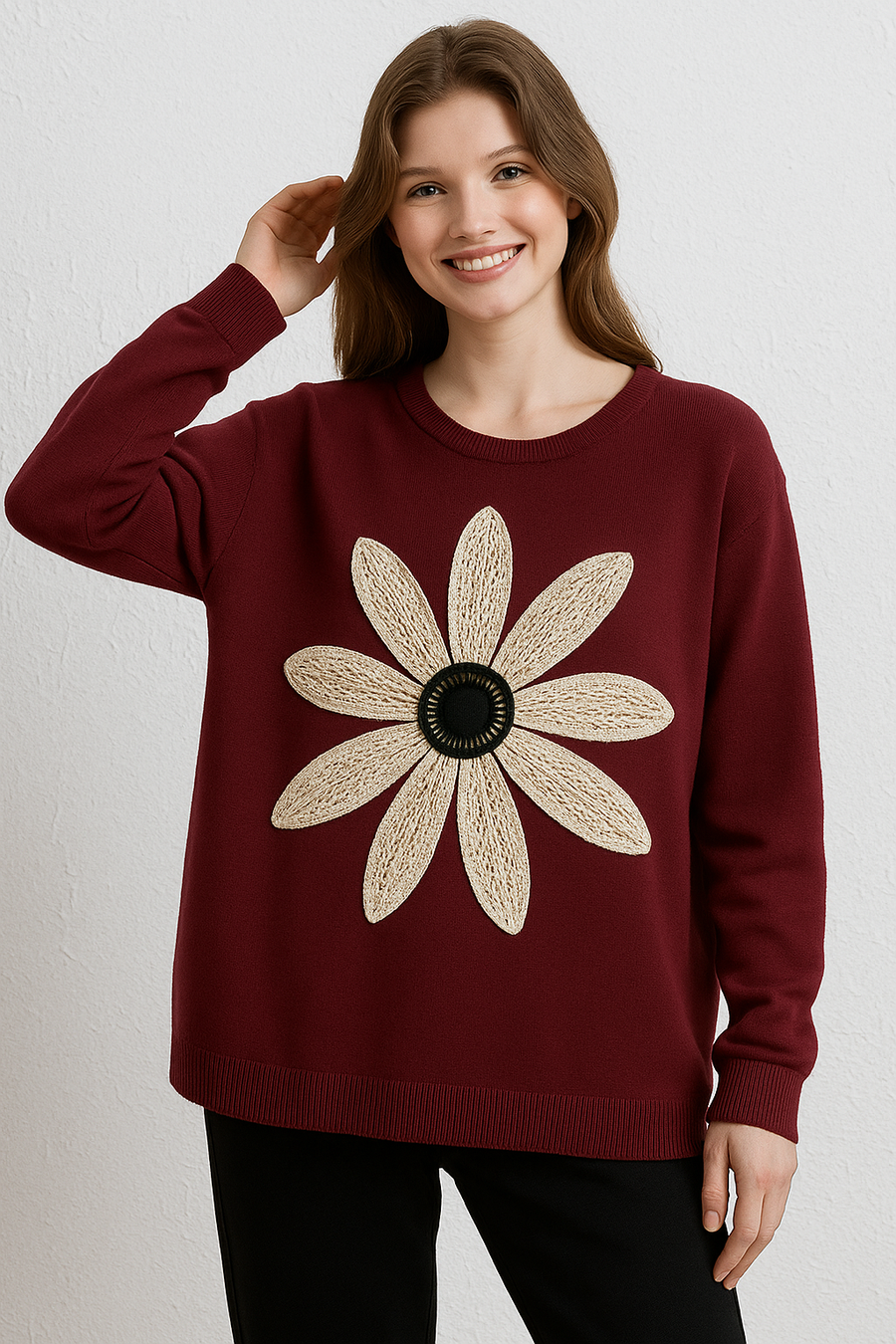 PLUS SIZE SOFT KNIT JUMPER WITH FLOWER DESIGN ON FRONT