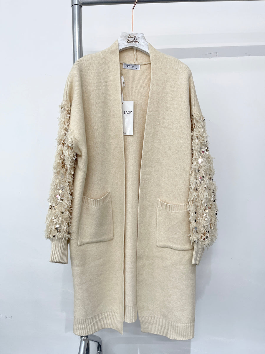 Heavy Knit Cardigan With Front Pockets And Feathered & Sequins Embellished Sleeves