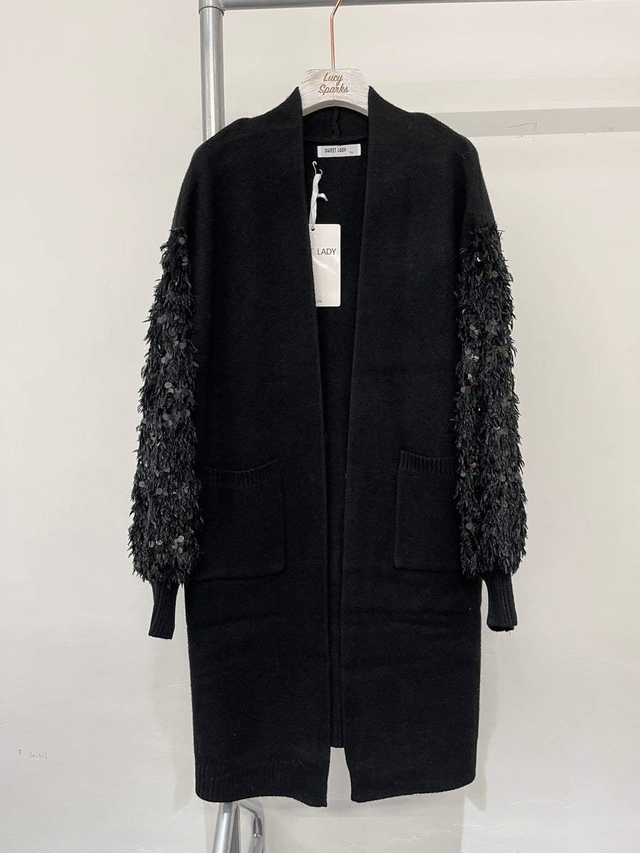 Heavy Knit Cardigan With Front Pockets And Feathered & Sequins Embellished Sleeves