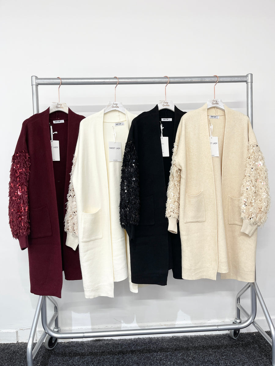 Heavy Knit Cardigan With Front Pockets And Feathered & Sequins Embellished Sleeves