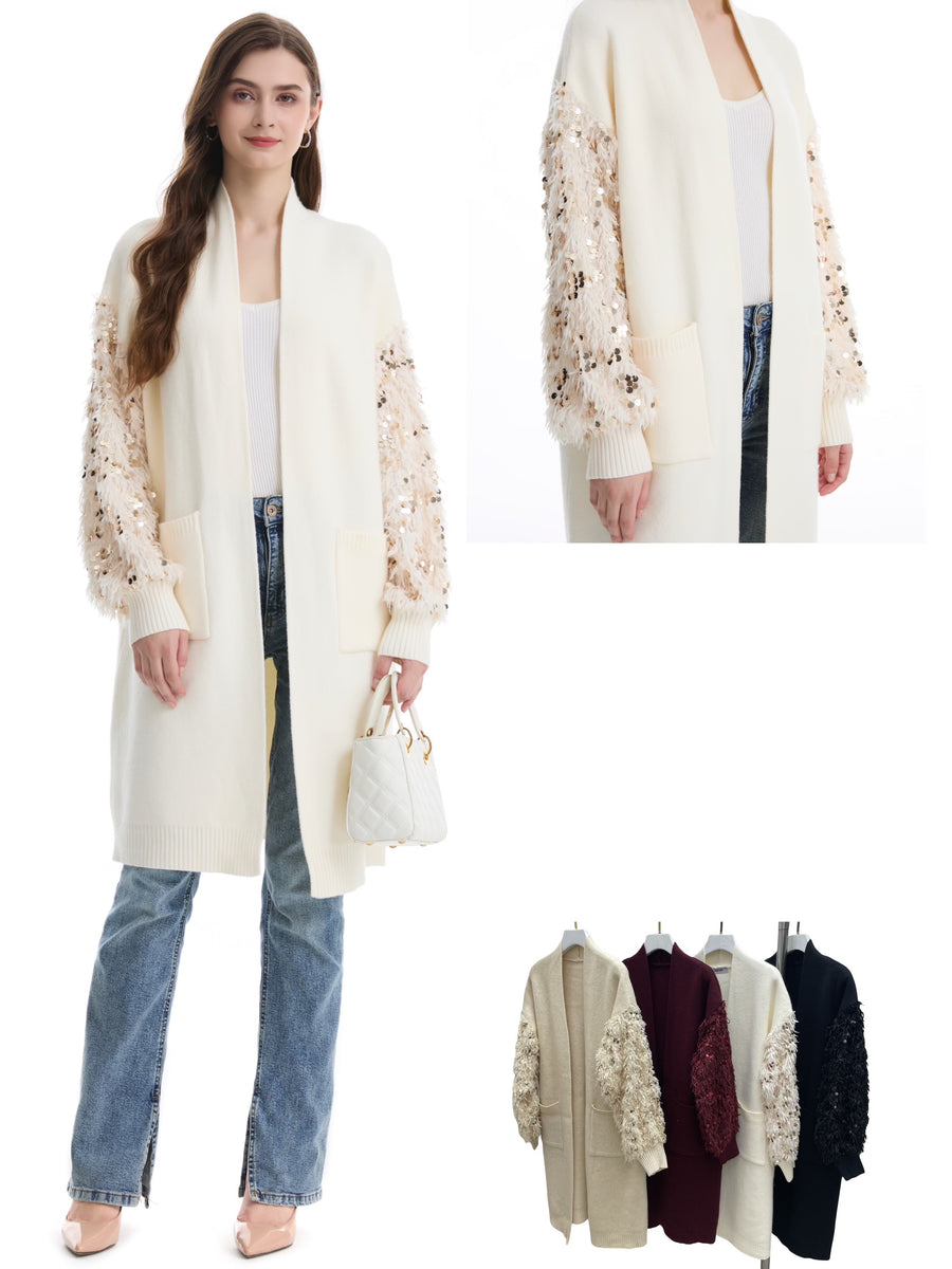 Heavy Knit Cardigan With Front Pockets And Feathered & Sequins Embellished Sleeves