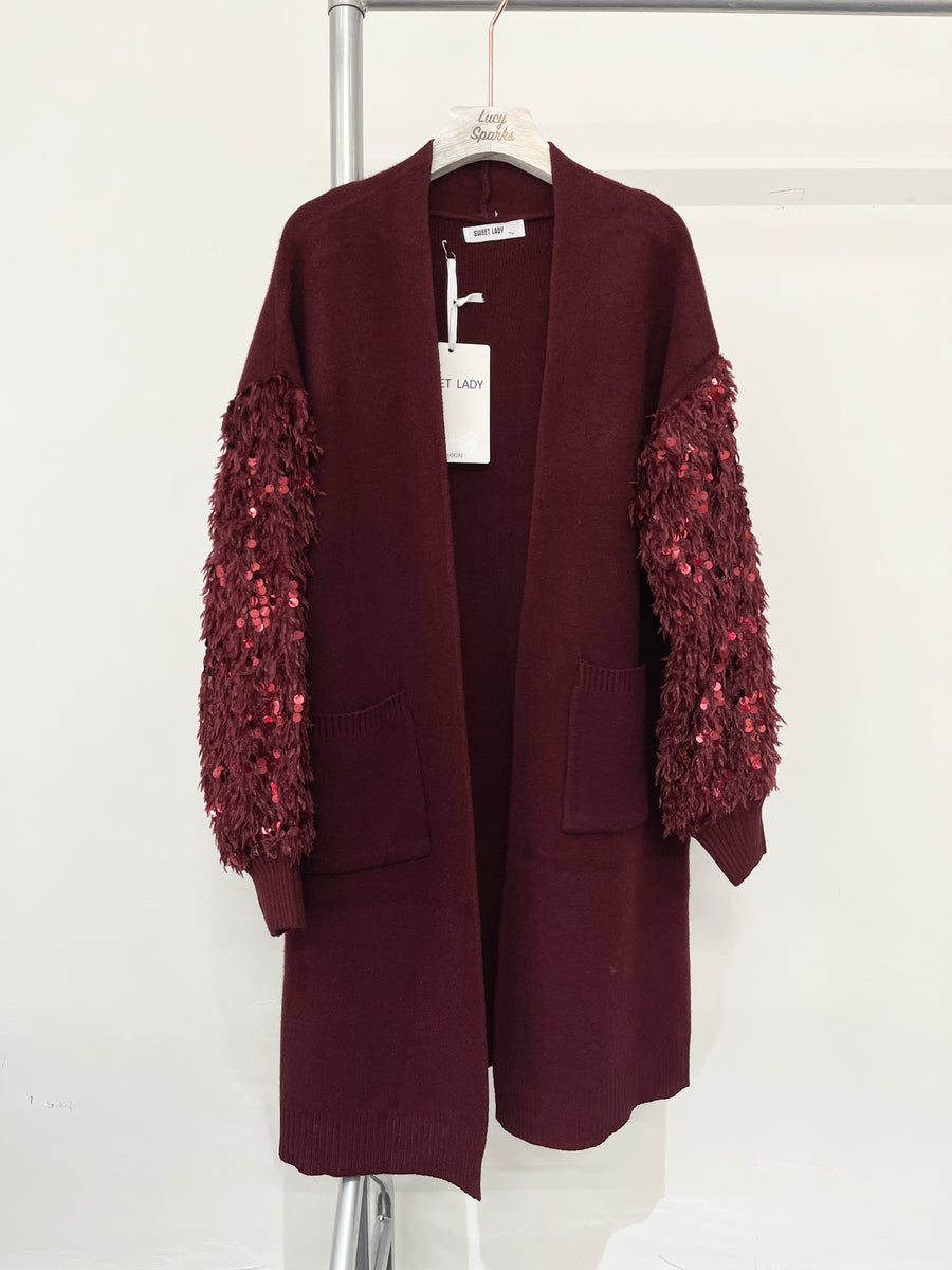 Heavy Knit Cardigan With Front Pockets And Feathered & Sequins Embellished Sleeves