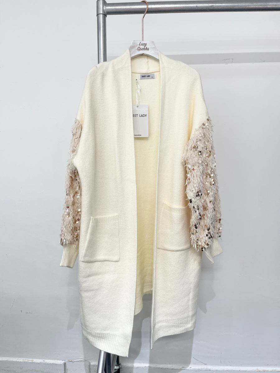 Heavy Knit Cardigan With Front Pockets And Feathered & Sequins Embellished Sleeves