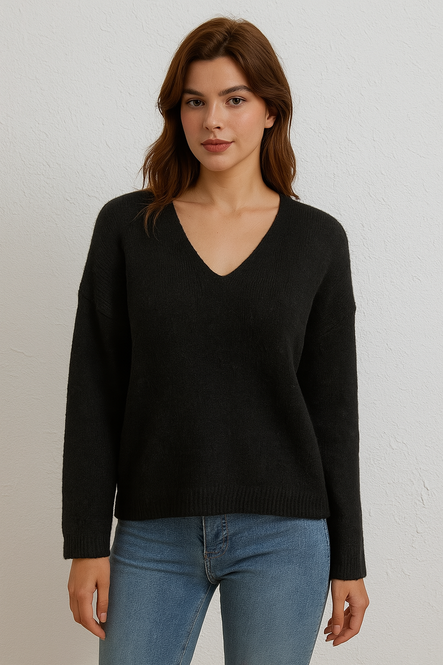 Wool Blend Chunky Basic Jumper with V Neck