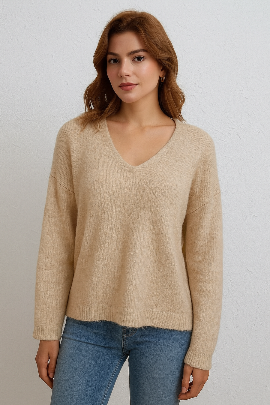 Wool Blend Chunky Basic Jumper with V Neck