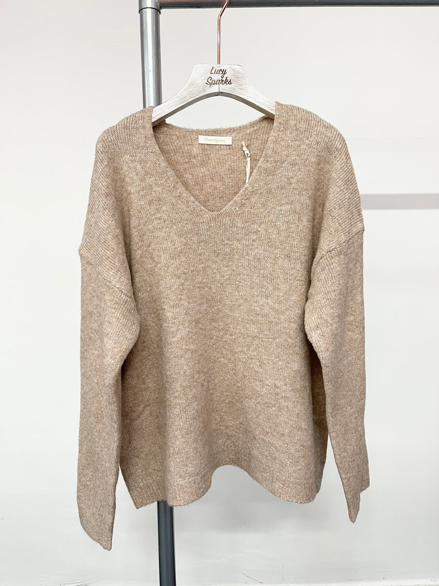 Wool Blend Chunky Basic Jumper with V Neck