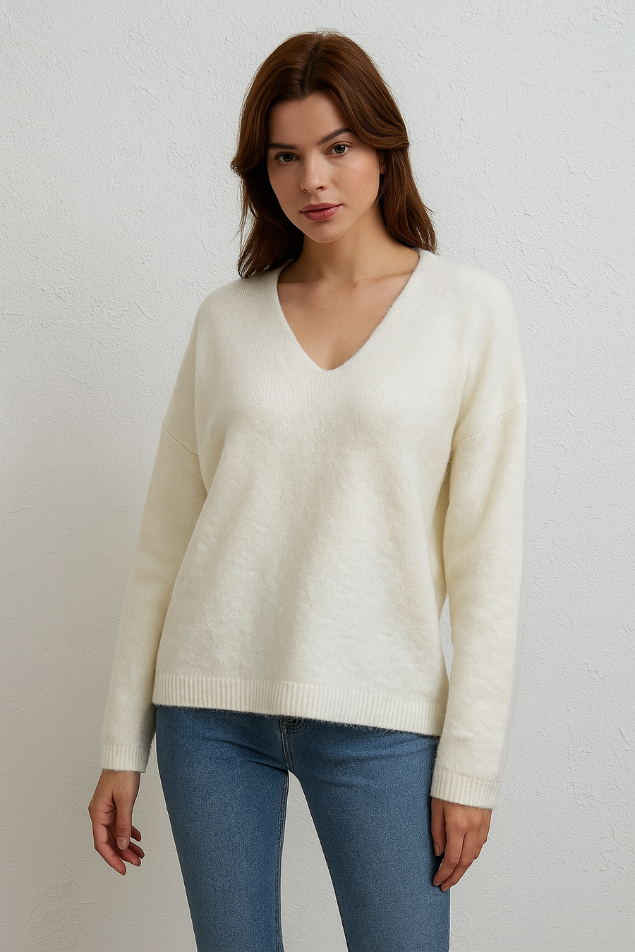 Wool Blend Chunky Basic Jumper with V Neck