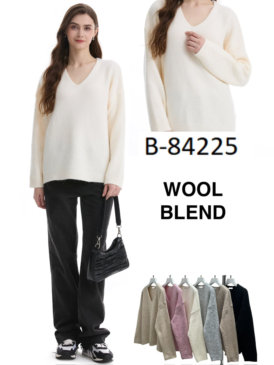 Wool Blend Chunky Basic Jumper with V Neck