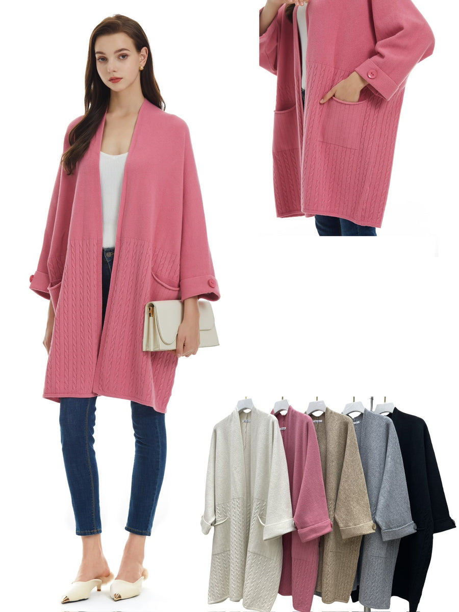 Oversized Heavy Knit Open Coat With Pockets And Cable Knit Placement Design