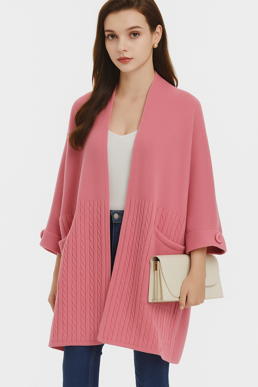 Oversized Heavy Knit Open Coat With Pockets And Cable Knit Placement Design
