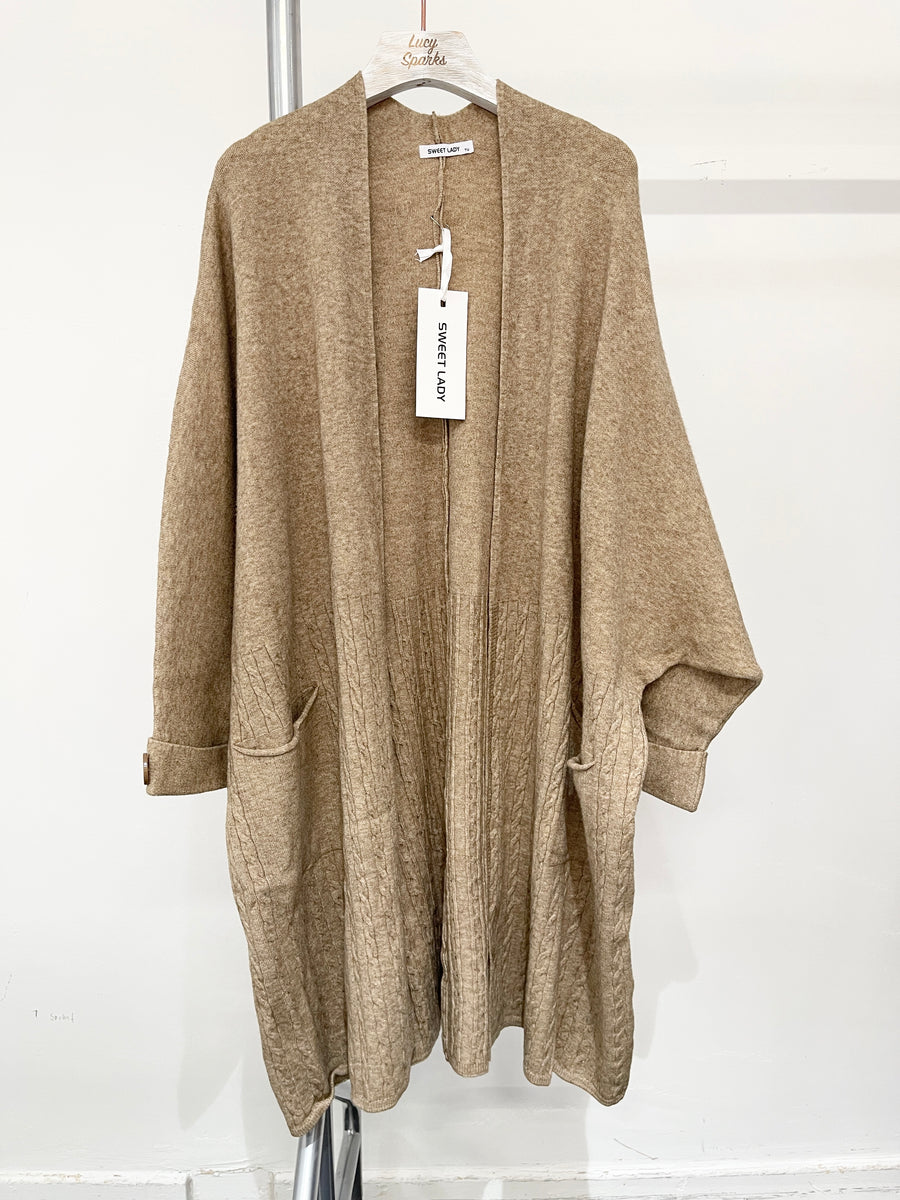 Oversized Heavy Knit Open Coat With Pockets And Cable Knit Placement Design