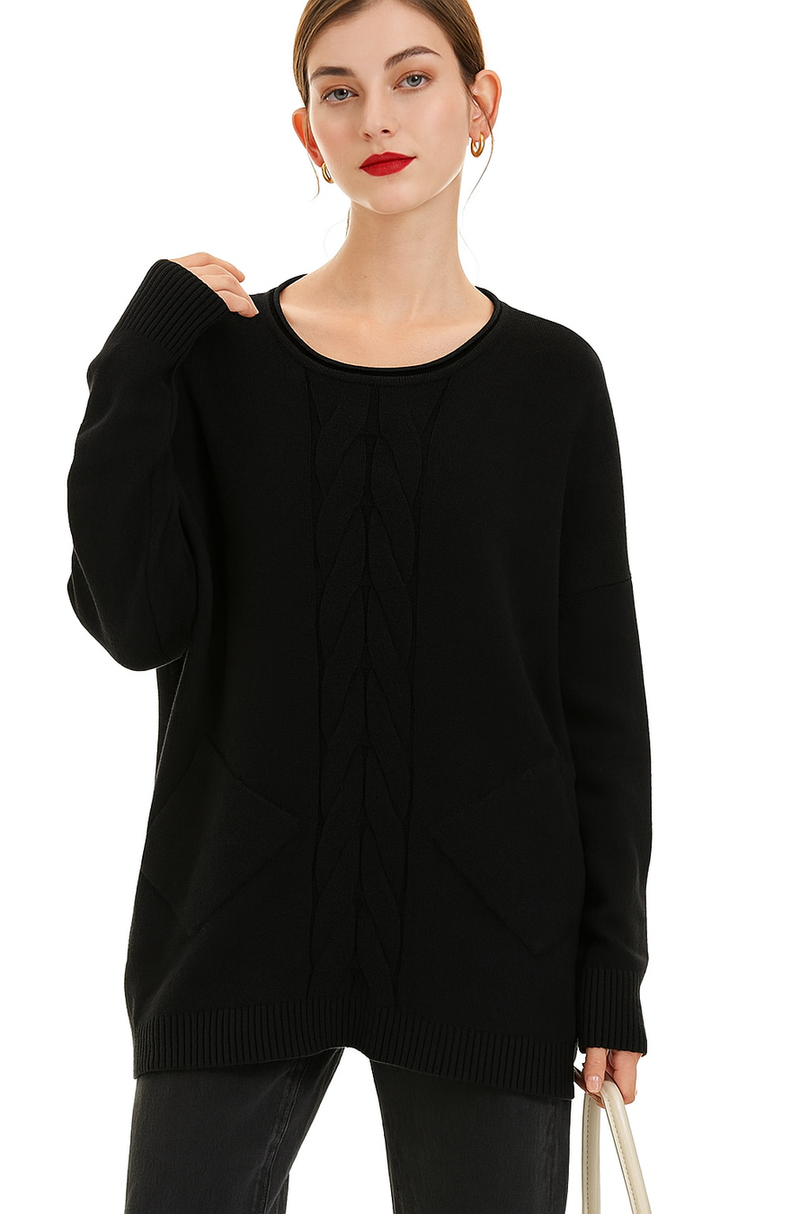 Soft Knit Plus Size Jumper With Braided Design On Centre Front And Pockets