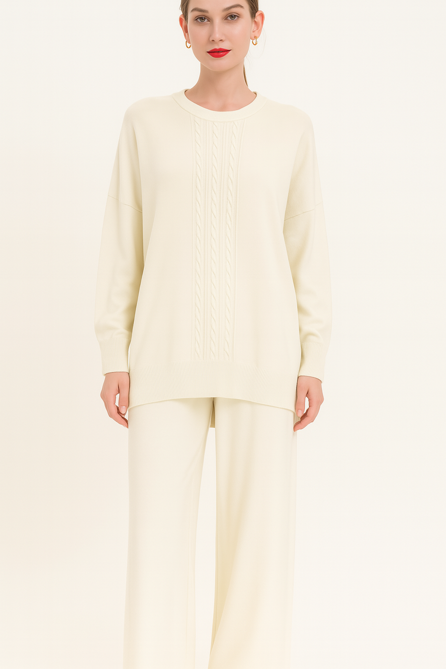 Soft Knit Braided Centre Jumper with Decorative Side Buttons Matched with Straight Leg Trousers