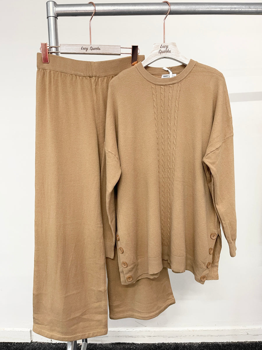 Soft Knit Braided Centre Jumper with Decorative Side Buttons Matched with Straight Leg Trousers