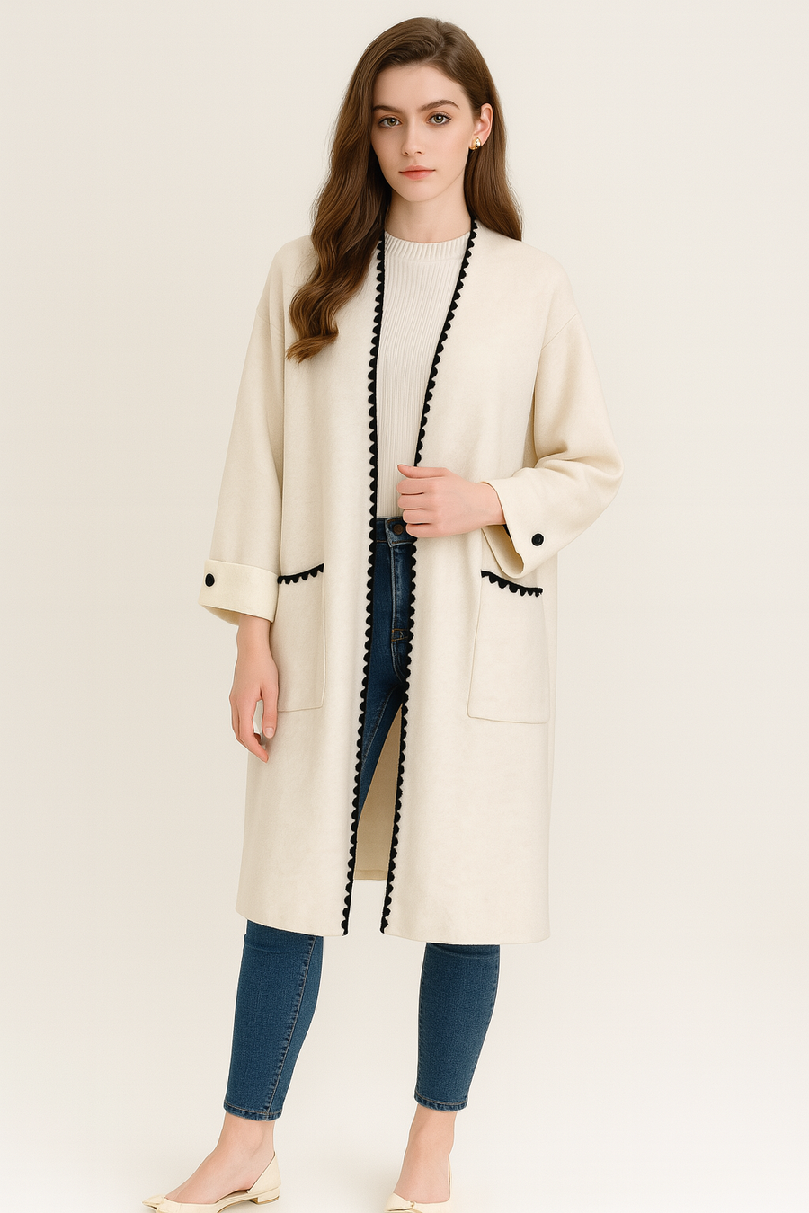 Heavy Knit Teeth Edged Oversized Coat with Pockets and Decorative Button on Sleeves