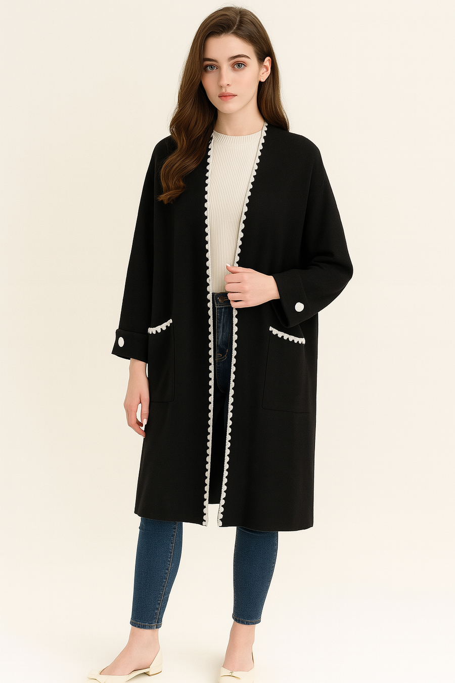 Heavy Knit Teeth Edged Oversized Coat with Pockets and Decorative Button on Sleeves