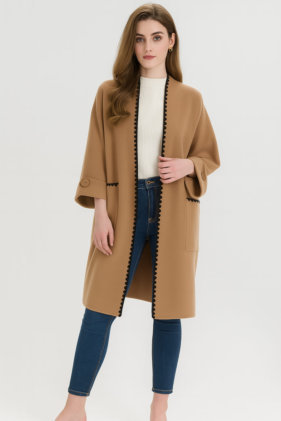 Heavy Knit Teeth Edged Oversized Coat with Pockets and Decorative Button on Sleeves