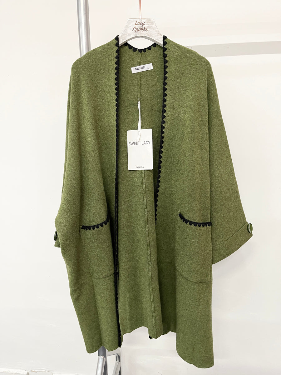 Heavy Knit Teeth Edged Oversized Coat with Pockets and Decorative Button on Sleeves