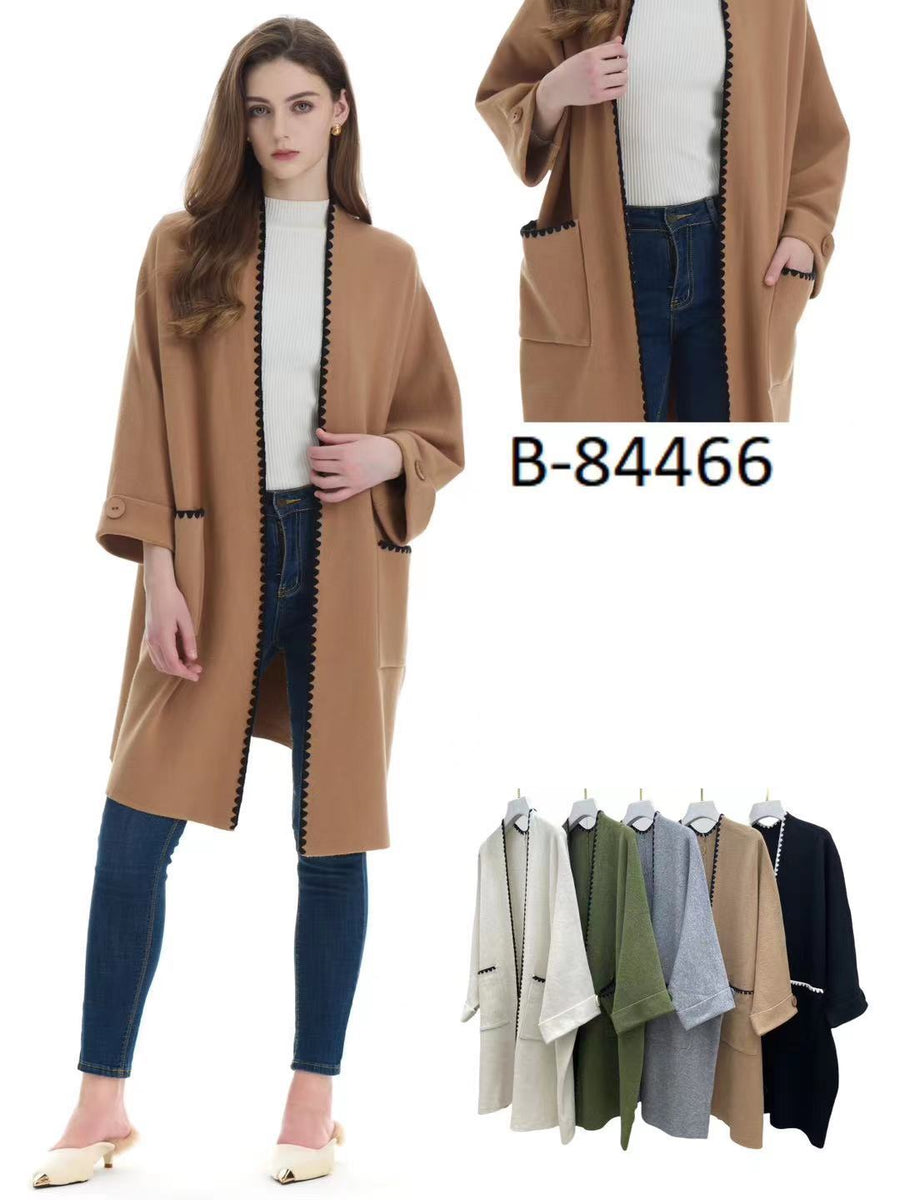 Heavy Knit Teeth Edged Oversized Coat with Pockets and Decorative Button on Sleeves