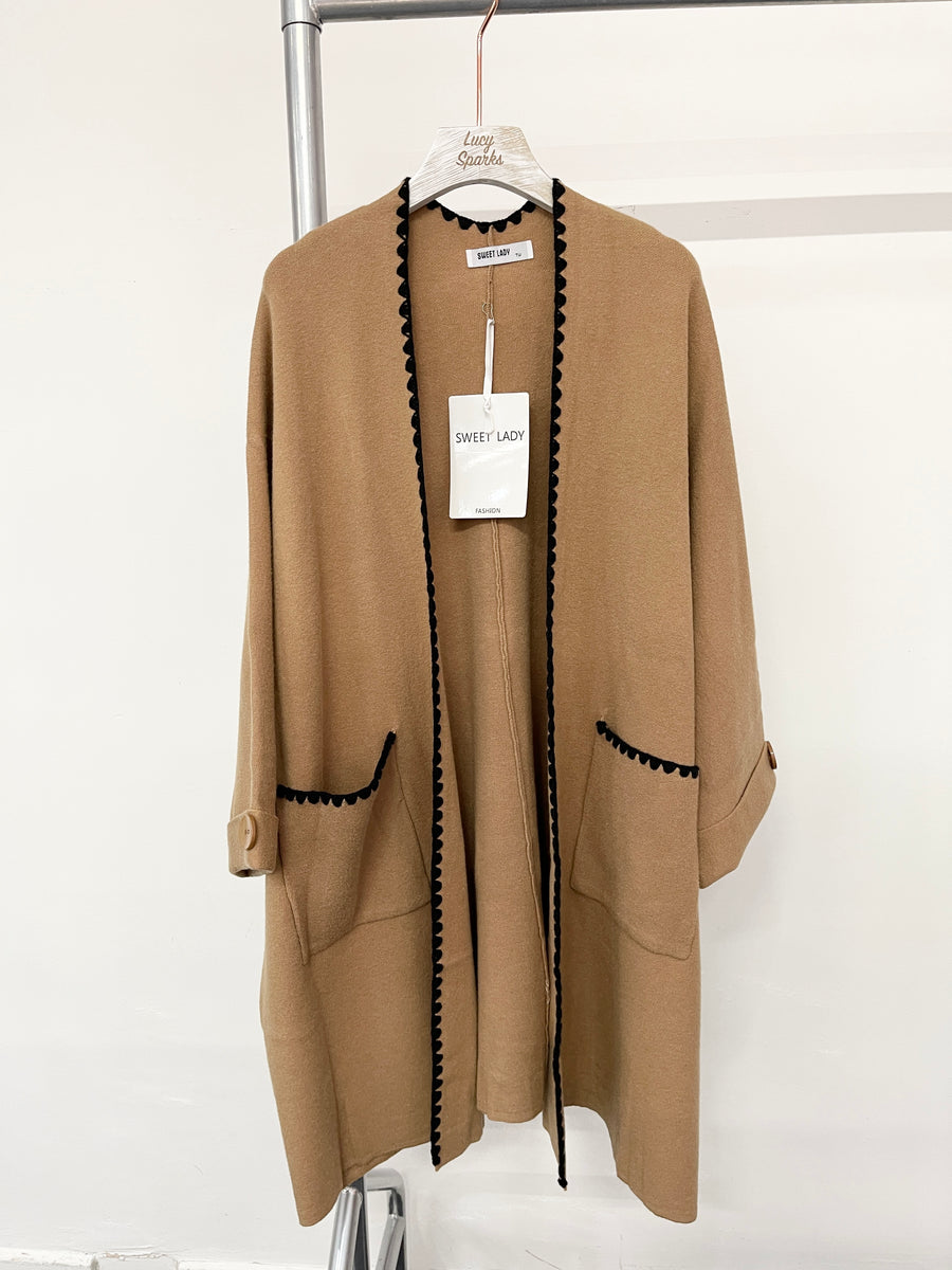 Heavy Knit Teeth Edged Oversized Coat with Pockets and Decorative Button on Sleeves