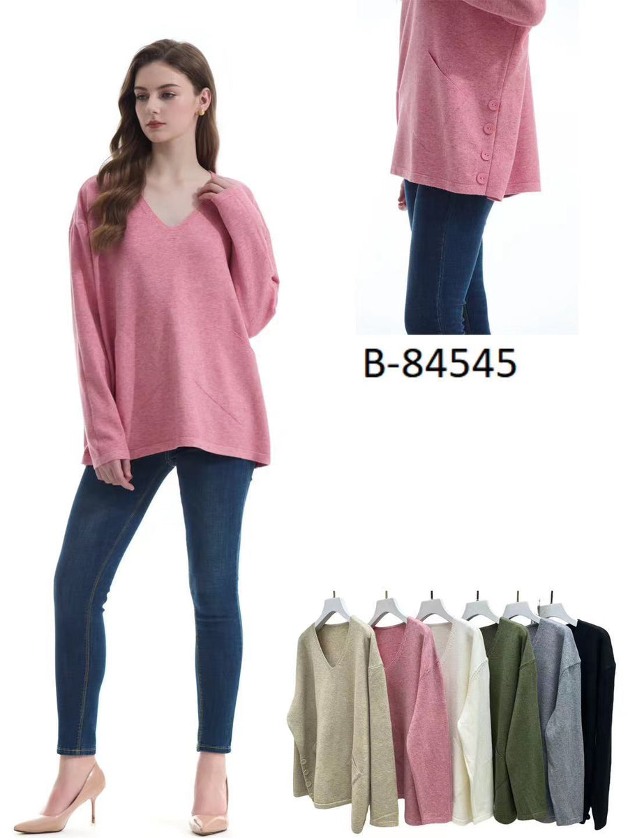 Soft Knit Plus Size Jumper with V-Neck, Front Pockets, and Decorative Side Buttons