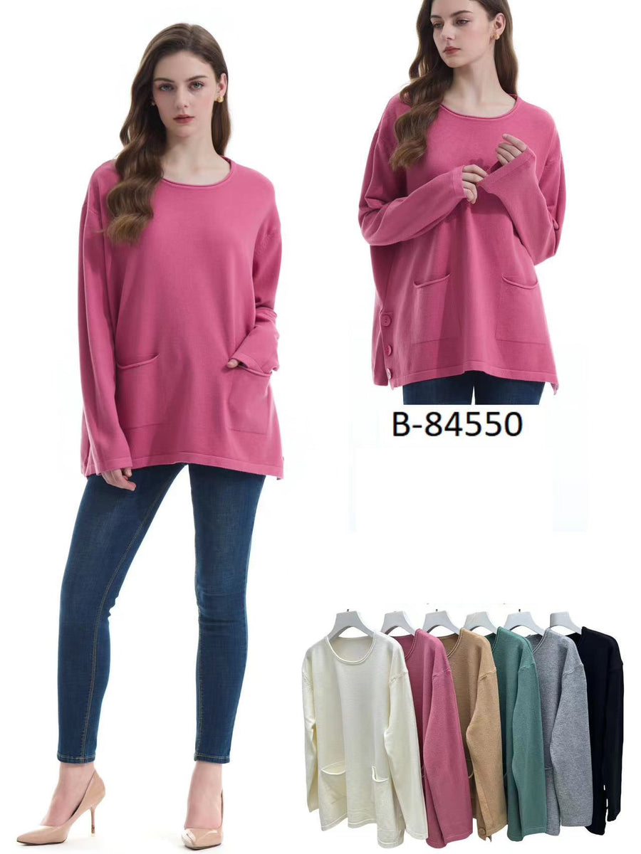 Soft Knit Plus Size Jumper with V-Neck, Front Pockets, and Decorative Side Buttons