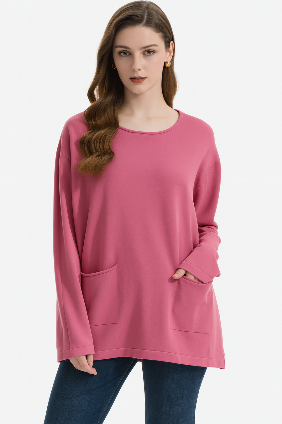 Soft Knit Plus Size Jumper with V-Neck, Front Pockets, and Decorative Side Buttons