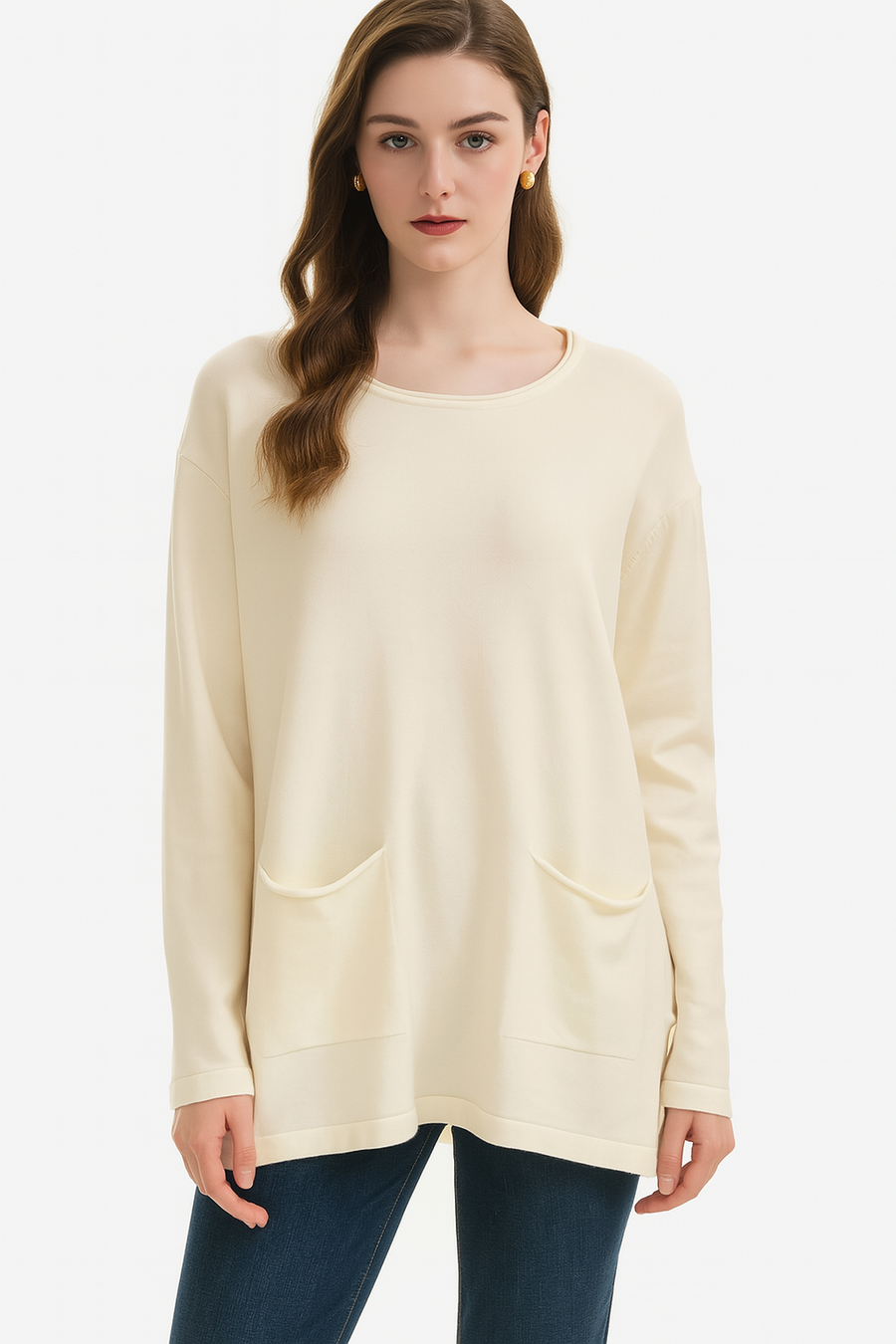 Soft Knit Plus Size Jumper with V-Neck, Front Pockets, and Decorative Side Buttons