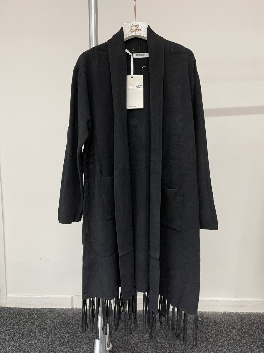 Heavy Knit Fringed Hem Cardigan With Pockets