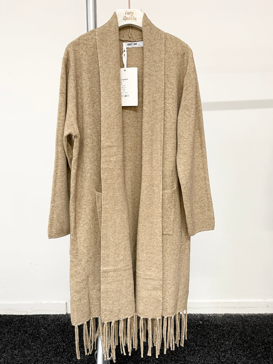 Heavy Knit Fringed Hem Cardigan With Pockets