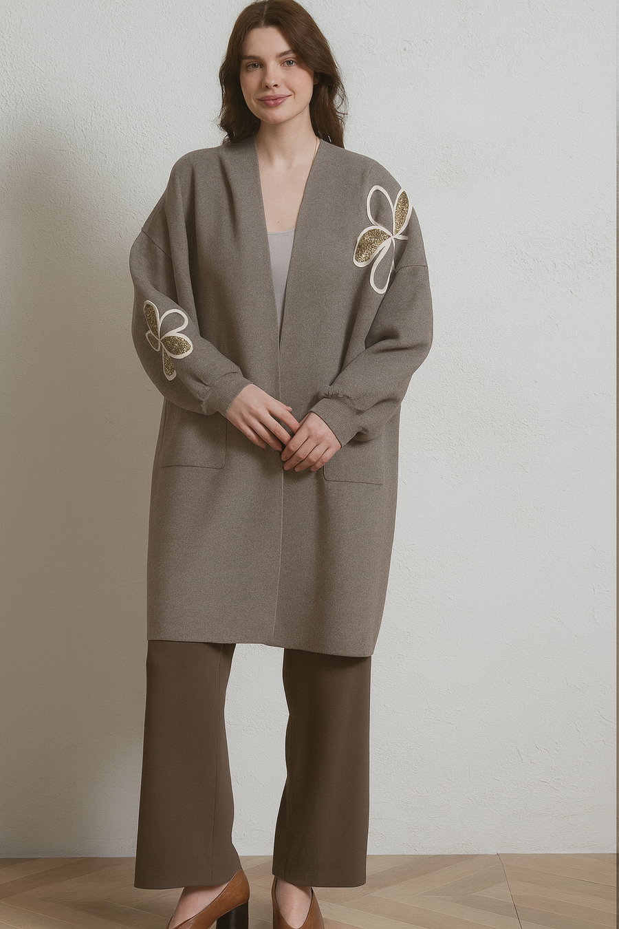 PREMIUM KNIT HOODED CARDIGAN WITH SEQUIN EMBELLISHED FLOWER DESIGNS