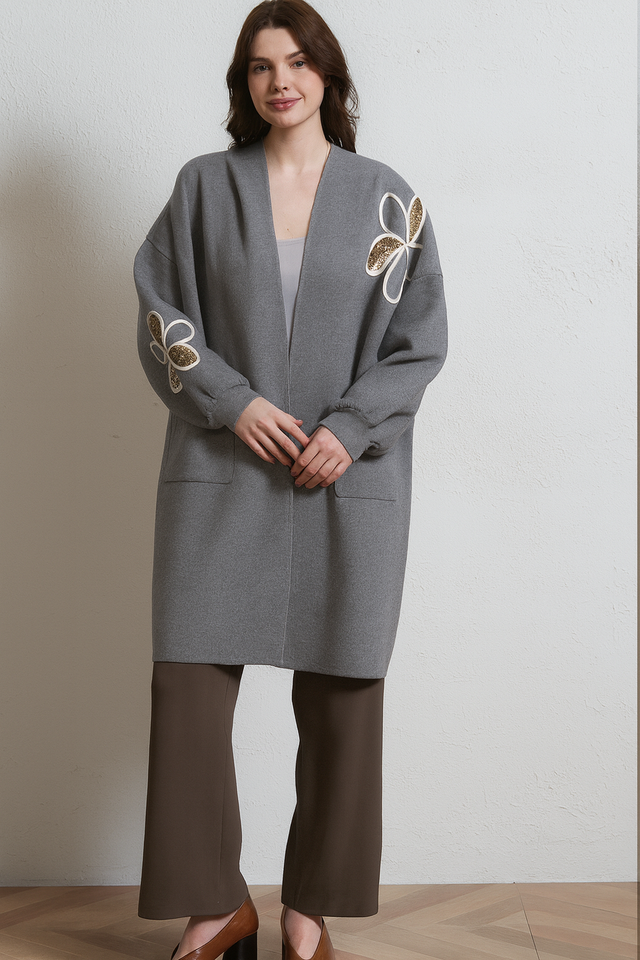 PREMIUM KNIT HOODED CARDIGAN WITH SEQUIN EMBELLISHED FLOWER DESIGNS
