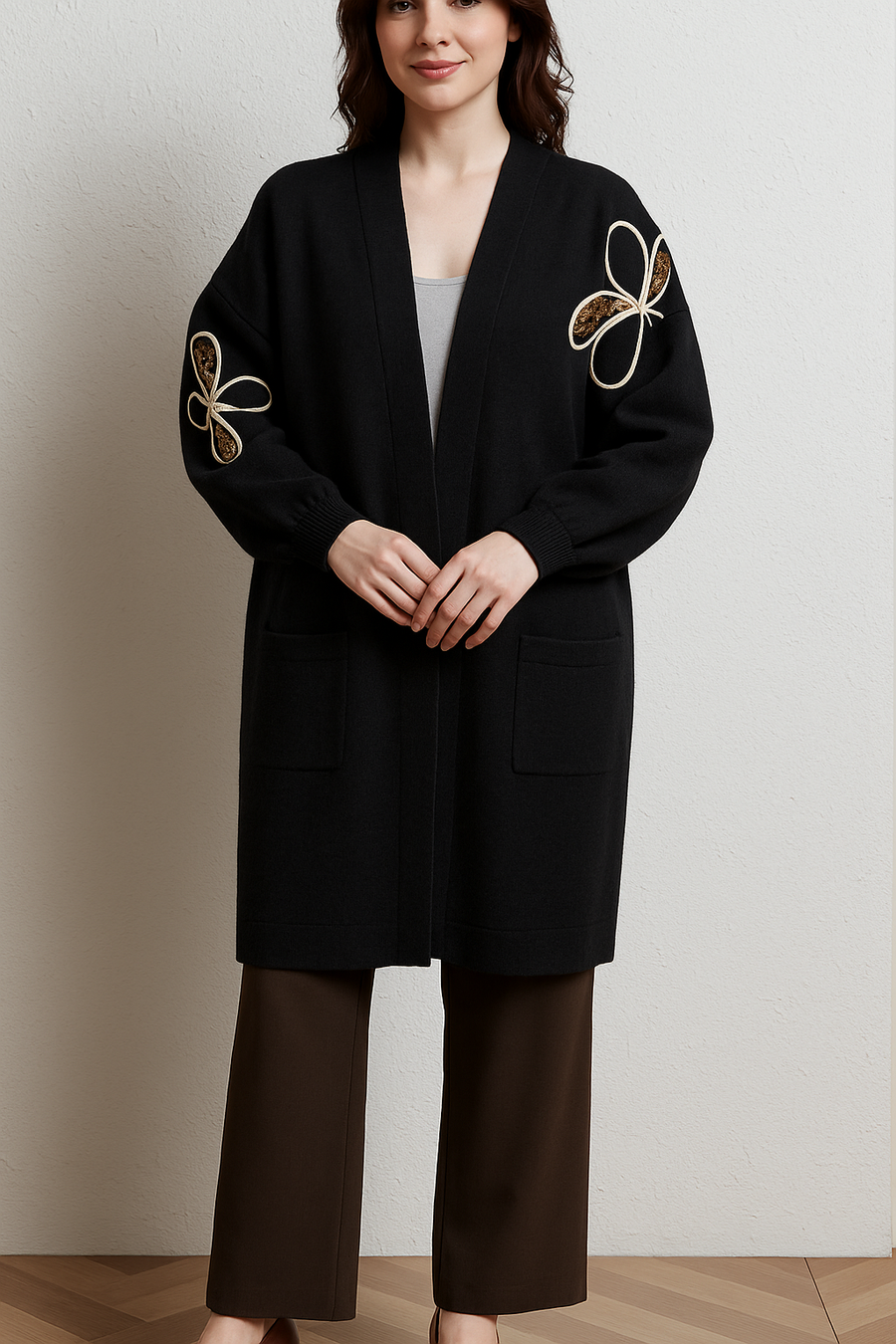 PREMIUM KNIT HOODED CARDIGAN WITH SEQUIN EMBELLISHED FLOWER DESIGNS