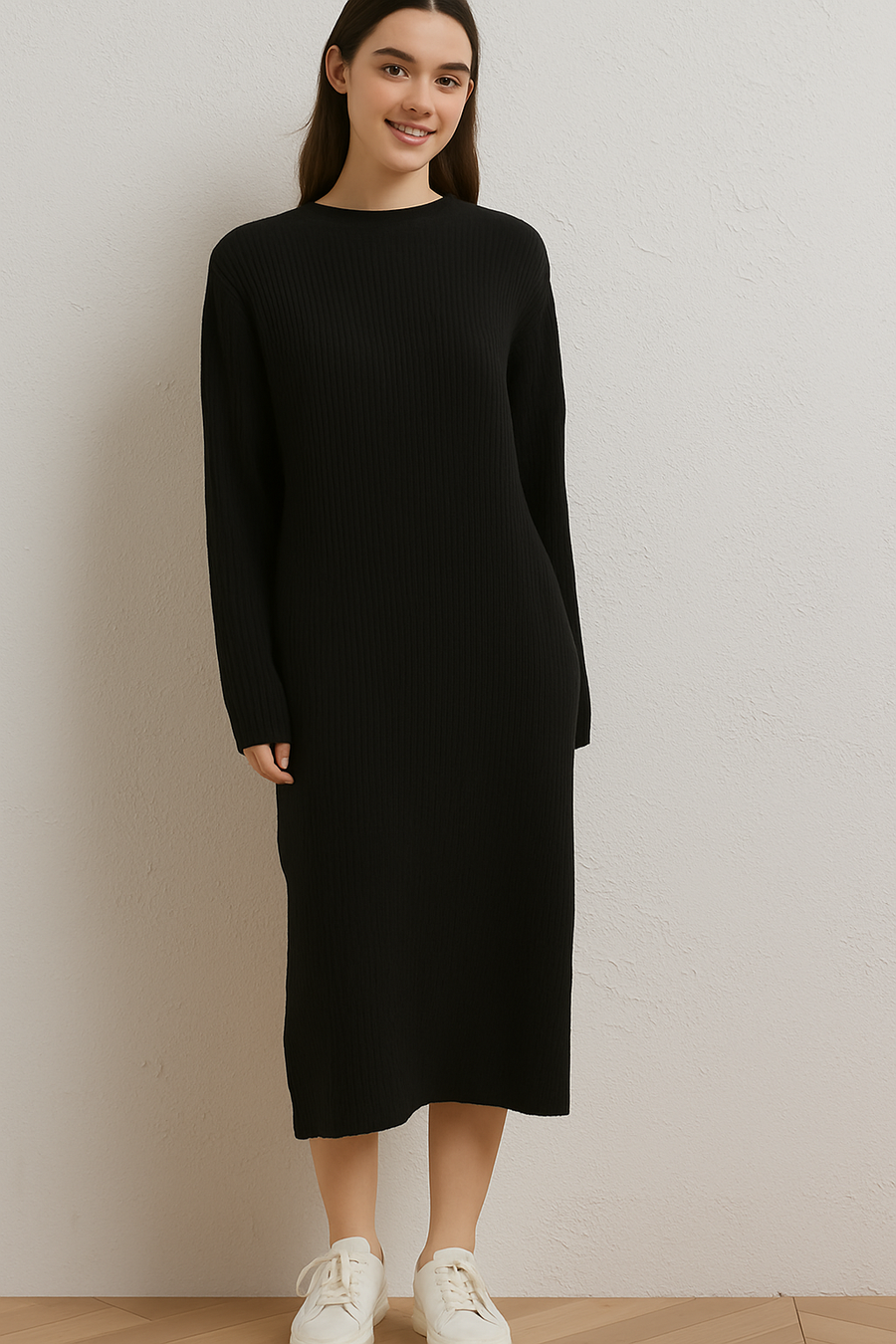 PLUS SIZE RIBBED CREW NECK DRESS