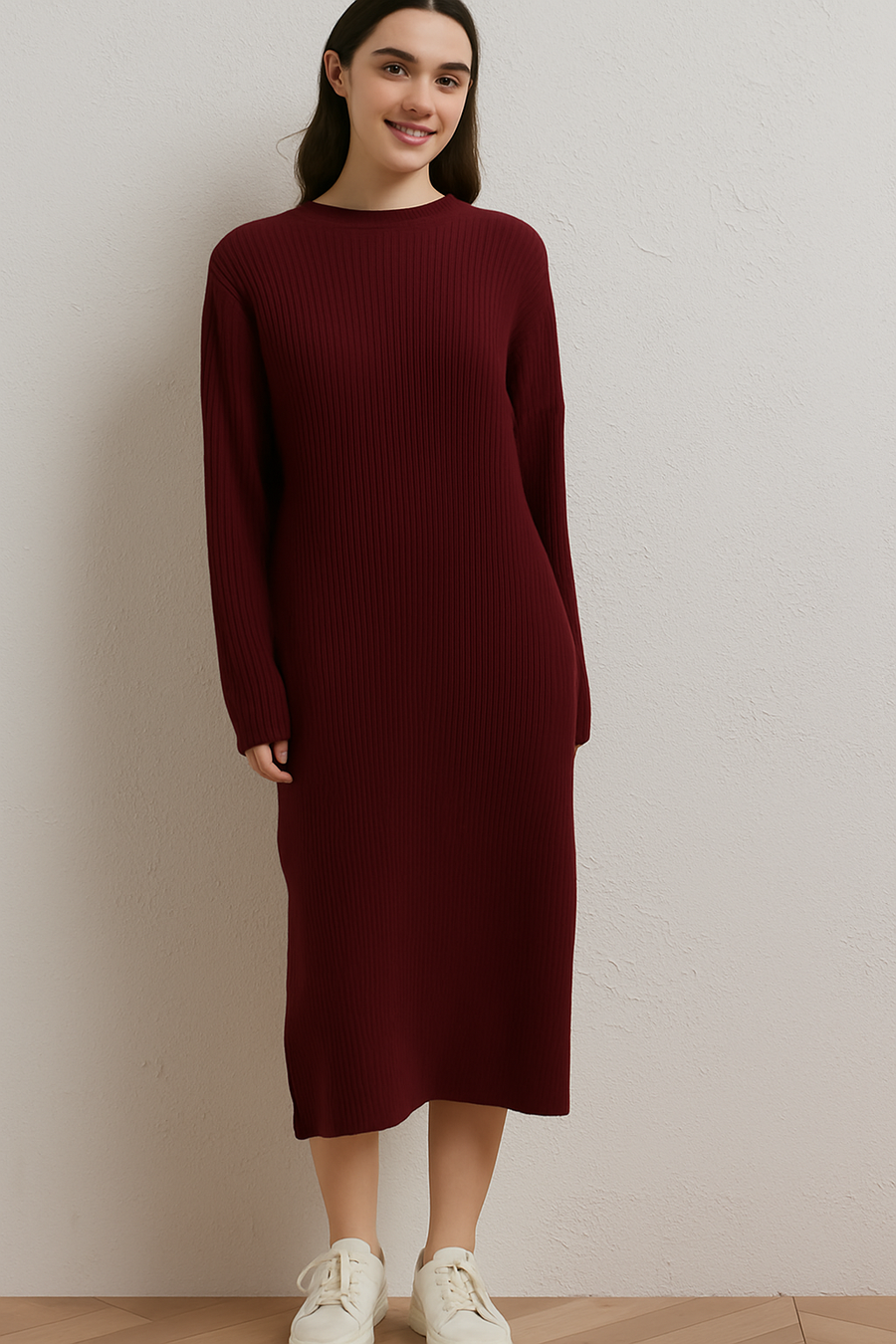 PLUS SIZE RIBBED CREW NECK DRESS