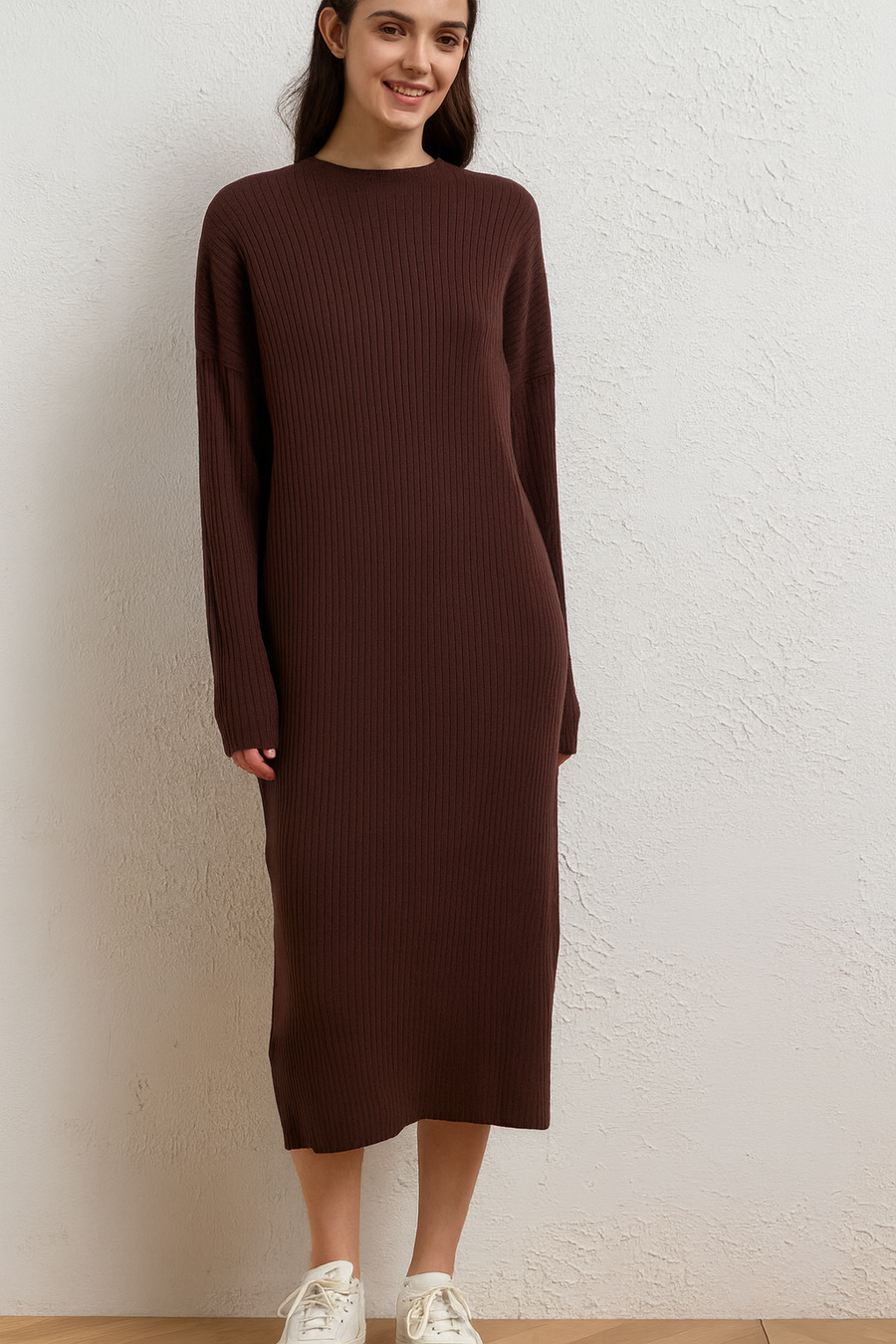 PLUS SIZE RIBBED CREW NECK DRESS